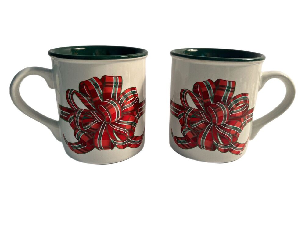 VTG 1991 FAB Set of 2 Potpourri Press Christmas Bow Coffee Mugs Cups M/I Korea